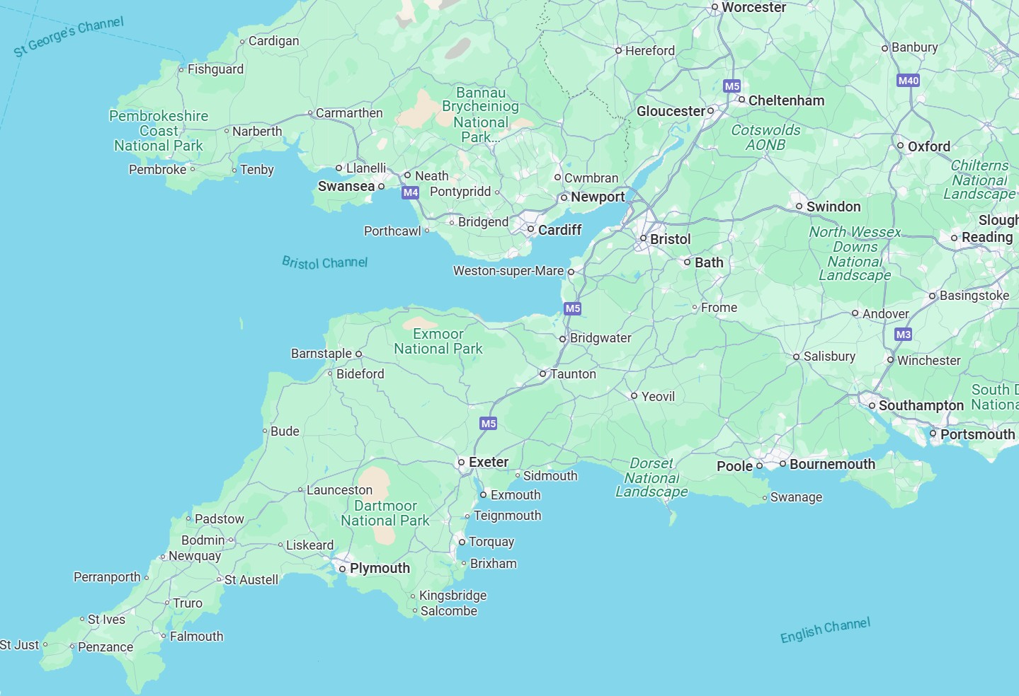South West England service coverage map showing Bath, Bristol, Corsham, Chippenham, Melksham and surrounding areas